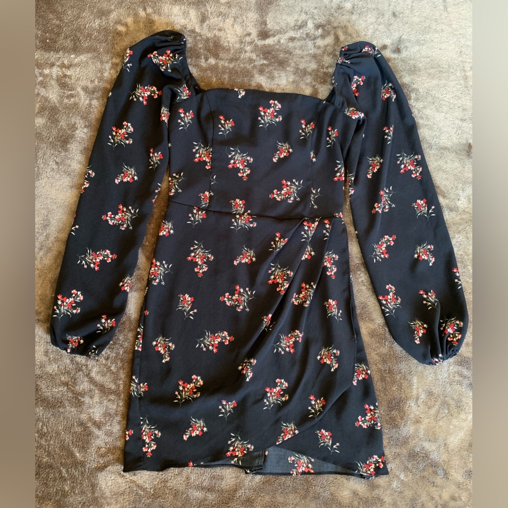 Long-Sleeve Draped Skirt Mini- BLACK FLORAL XS TLL